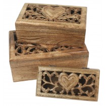Mango Wood Set/3 Oblong Boxes Heart Carvings Design 28cm