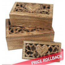 Mango Wood Set/3 Oblong Boxes Heart Carvings Design 28cm