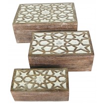 Mango Wood Set/3 Star Boxes - Burnt White Finish 23cm