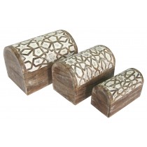 Mango Wood Set Of 3 Star Domed Boxes - Burnt White Finish
