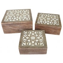 Mango Wood Set Of 3 Square Boxes - Burnt White Finish  25.5cm