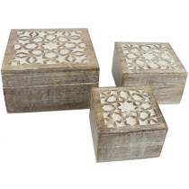 Mango Wood Set Of 3 Square Boxes - Burnt White Finish