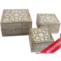 Mango Wood Set Of 3 Square Boxes - Burnt White Finish 18cm