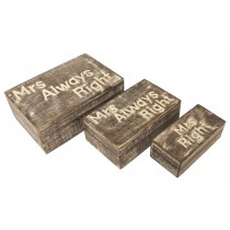 Mango Wood Set/3 Mrs Always Right Boxes 23.3cm Burnt White Finish