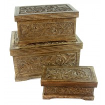 Mango Wood Set Of 3 Large Boxes - Flower Design 46cm