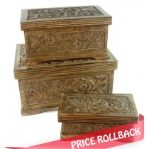 Mango Wood Set Of 3 Large Boxes - Flower Design 46cm