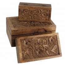 Mango Wood Set Of 3 Flower Oblong Boxes 28cm