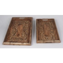 Set of 2 Mango Wood Flower Design Trays 46cm