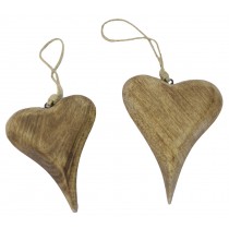 Mango Wood Set Of 2 Hanging Hearts Natural 19cm