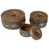 Mango Wood Set of 3 Metal Overlay Round Boxes 22cm