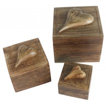 Mango Wood Set Of 3 Square Heart Boxes  18.2cm