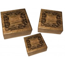 Mango Wood Set Of 3 Square Cutwork Boxes Burnt Finish 25.5cm