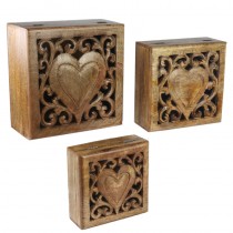 Mango Wood Set Of 3 Square Heart Cutwork Boxes Burnt Finish 25.5cm