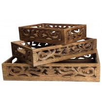 Mango Wood Set of 3 Cutwork - Burnt Trays 46cm