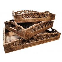 Set of 3 Trays - Cutwork Heart Burnt 46cm