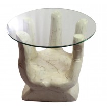 Hand Carved Wooden Hand Table White Wash With Glass Top 53cm