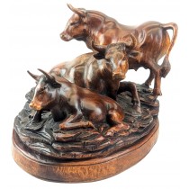 Hand Carved Wooden 3 Bulls On Plinth 40cm