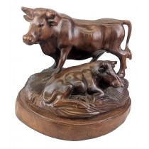 Hand Carved Wooden 2 Bulls On Plinth 29cm
