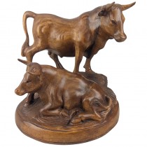 Hand Carved Wooden 2 Bulls On Plinth 26cm