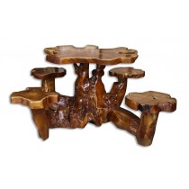 Wooden Teak Root Table & 4 Stool Set - 80cm