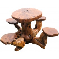 Hand Carved  Wooden Teak Root Table & 4 Stool Set - 79cm