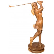 Hand Carved Wooden Statue Of Female Golfer - Suar Wood - 85cm