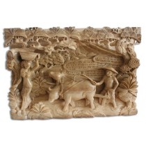 Hand Carved Wooden Ploughing Wall Hanging Natural Polished - 32cm