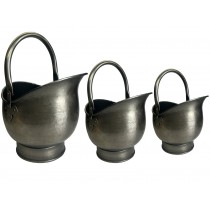 Set of 3 Round Coal Buckets Antique Pewter Finish - 44cm  