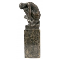 Man Crouching Bronze Sculpture On Marble Base