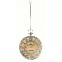 Round Wood & Aluminium Clock Hanging From Metal Chain 68cm