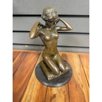 Kneeling Lady Foundry Cast Bronze Sculpture On Marble Base 31cm