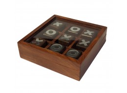 Tic Tac Toe In Glass Lid Box Sheesham Wood - 12.5cm