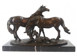 Horses and Foal Foundry Cast Bronze Sculpture On Marble Base 42cm