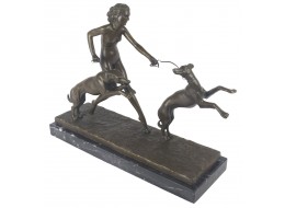 Lady with 2 Dogs Foundry Cast Bronze Sculpture On Marble Base 42cm