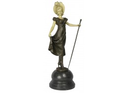 Lady Holding Stick Foundry Cast Bronze Sculpture On Marble Base 40cm