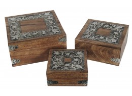 Mango Wood / Metal Flower Design Set of 3 Boxes 20.5cm