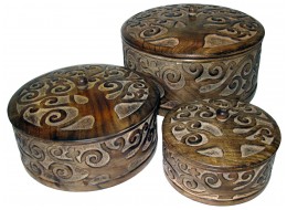 Mango Wood Tree Of Life Design Set/3 Round Boxes  30cm