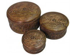 Mango Wood Elephant Design Set/3 Round Boxes 31cm