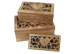Mango Wood Set/3 Oblong Boxes Heart Carvings Design 28cm
