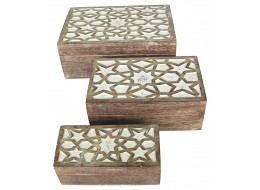 Mango Wood Set/3 Star Boxes - Burnt White Finish 23cm