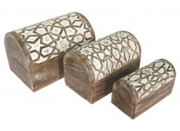 Mango Wood Set/3 Star Domed Boxes - Burnt White Finish 23cm