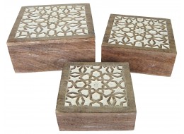 Mango Wood Set Of 3 Square Boxes - Burnt White Finish  25.5cm