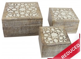 Mango Wood Set Of 3 Square Boxes - Burnt White Finish 18cm