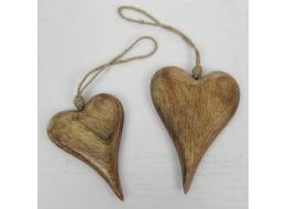 Mango Wood Set Of 2 Hanging Hearts 19cm