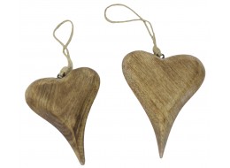 Mango Wood Set Of 2 Hanging Hearts Natural 19cm