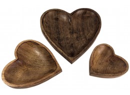 Set of 3 Mango Wood Heart Shaped Trays
