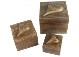 Mango Wood Set Of 3 Square Heart Boxes  18.2cm
