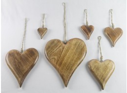 Mango Wood Set Of 6 Hanging Hearts 34cm