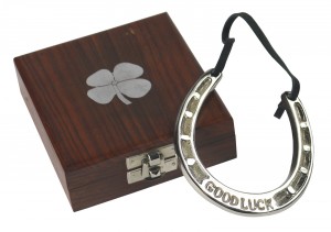 Good Luck Horse Shoe in Wooden Box with 4 Leaf Clover Design 12cm