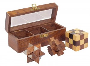 3 Puzzle Set In Sheesham Box 18cm